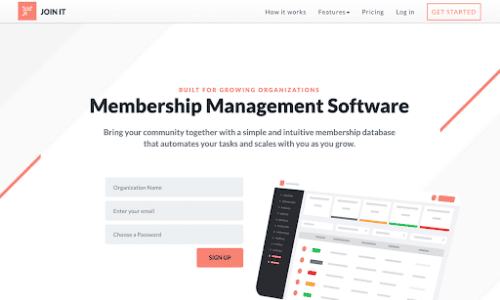 Join It homepage, with informative blurb and a sign up menu next to an image of a membership management interface.