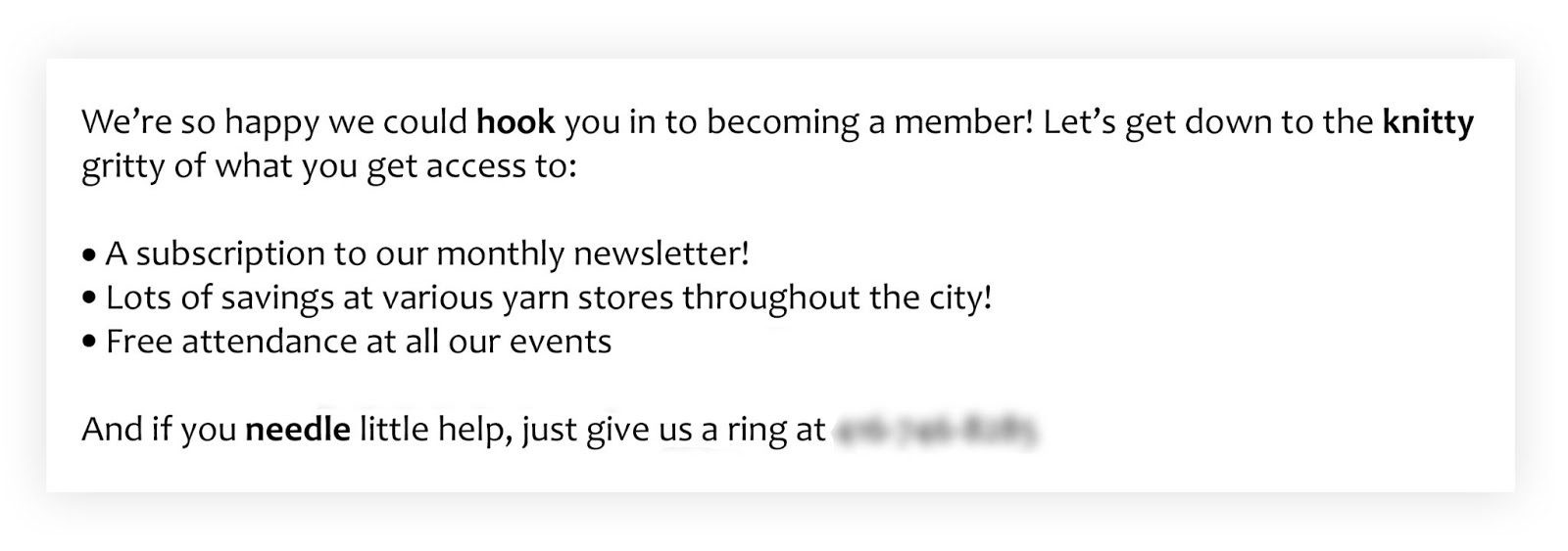 The Knitters Guild welcome letter using knitting puns and bullet points describing what the guild provides, including events, savings, and newsletter access.