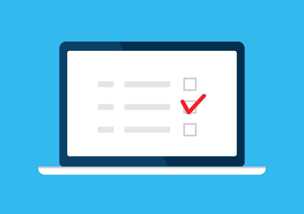 A laptop screen showing a needs assessment survey, with one checkmark among several multiple choice options.
