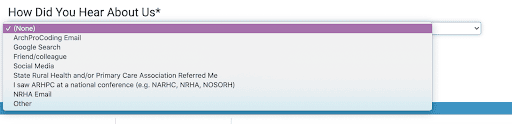 Drop down menu option for the ArchPro coding Rural and Community Health association