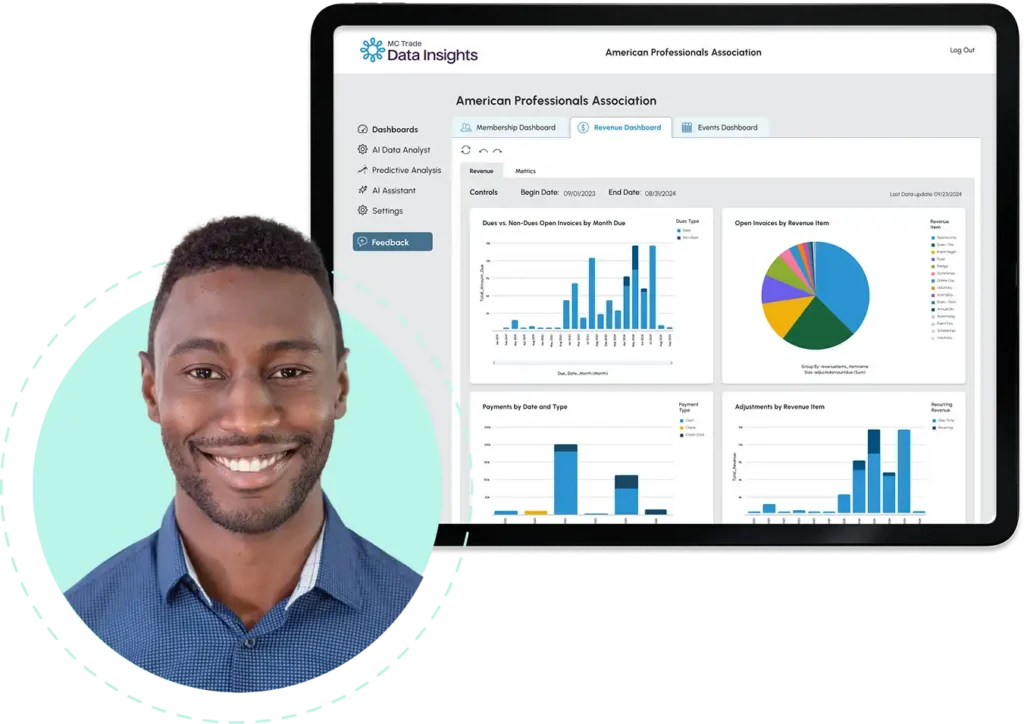 data insights screen with an inset photo of a customer