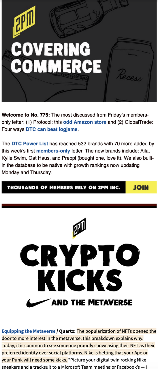 2pm newsletter summarizing aggregated links from other industry publications. 