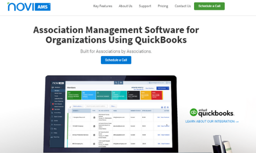 NoviAMS homepage, displaying Quickbooks integration and "Schedule A Call" button.