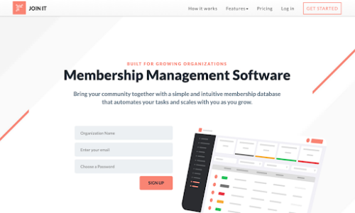 Join It homepage, with informative blurb and a sign up menu next to an image of a membership management interface.
