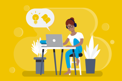 Illustration where a person sits in front of their laptop in an office. A lightbulb and book icon emerges from the computer to indicate the learning management system they're using.