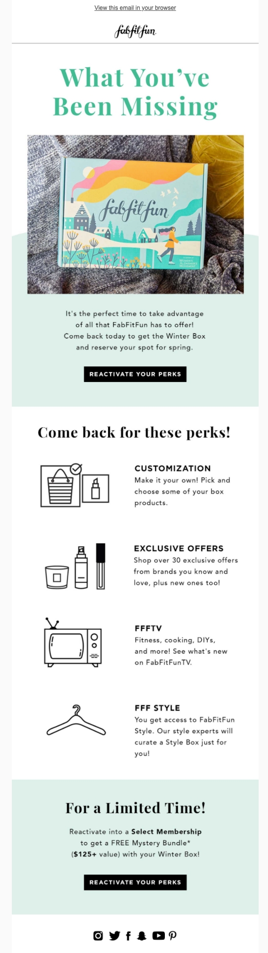 Fabfitfun email to lapsed subscribers advertising an image of the subscription box, bright graphics alongside an explanation of perks, and limited time mystery bundle upon resubscription.