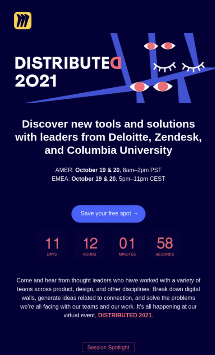 Miro newsletter example featuring their upcoming conference, including event description, date and time, signup button, and a countdown. 