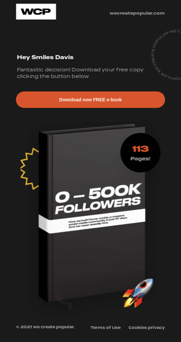 WCP Brands newsletter promoting their new book, including a promotional image of the book cover and a download link for a free e-book.