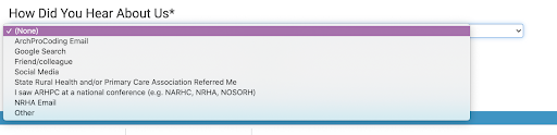 Drop down menu option for the ArchPro coding Rural and Community Health association